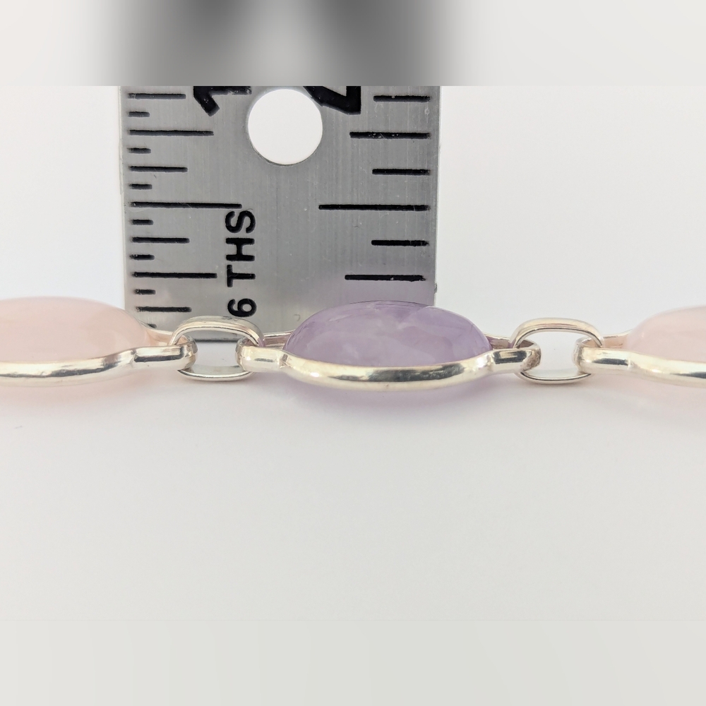 Vintage '90s Amethyst & Rose Quartz Cabochon Linked Sterling Silver Bracelet - Picture 13 of 15